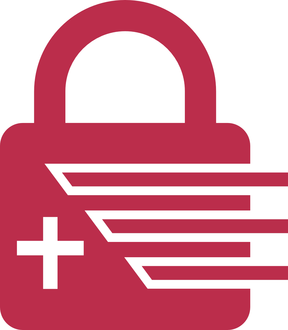 Rotes Symbol eines Schlosses mit einem Pluszeichen und geschwungenen Linien, das Geschwindigkeit oder Bewegung darstellt.